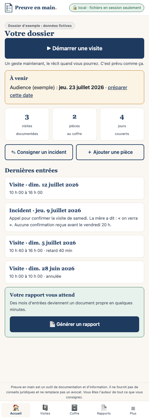 Tableau de bord de l'application : bouton Démarrer une visite, statistiques du dossier, dernières entrées